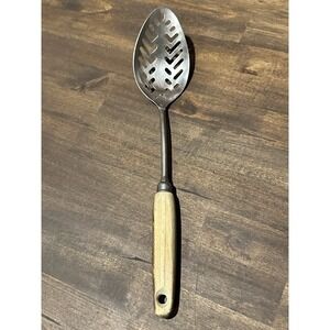 Vintage Ecko Eterna Stainless Steel Slotted Spoon Wooden Handle Made USA Utensil